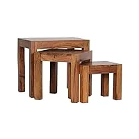 wohnling lot de 3 tables gigognes mumbai en bois massif sheesham table de salon table d'appoint style maison de campagne en bois naturel marron foncé