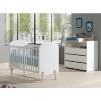 chambre bébé 3 pièces lit commode et plan à langer bois laqué blanc et pin clair kiddy 60x120 cm